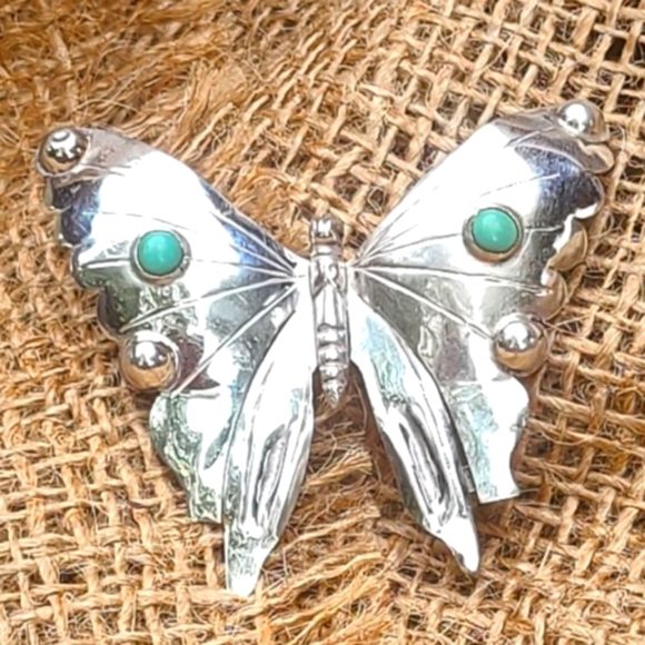 Vintage Sterling Silver Turquoise Butterfly Brooch Pin - Picture 1 of 8